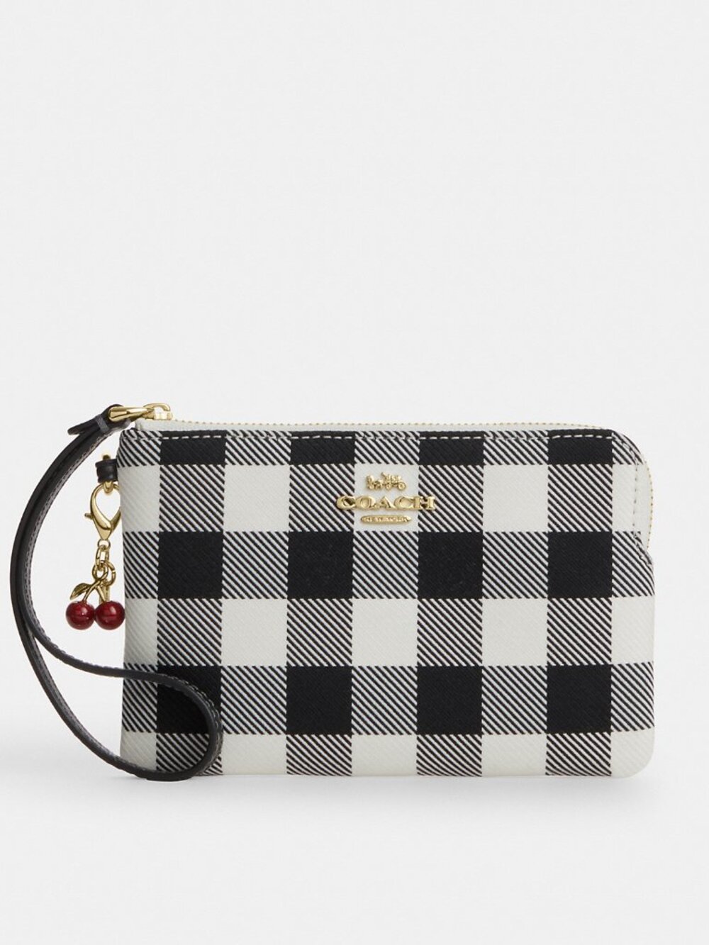 Coach Corner Zip Wristlet With Gingham Print And Charm